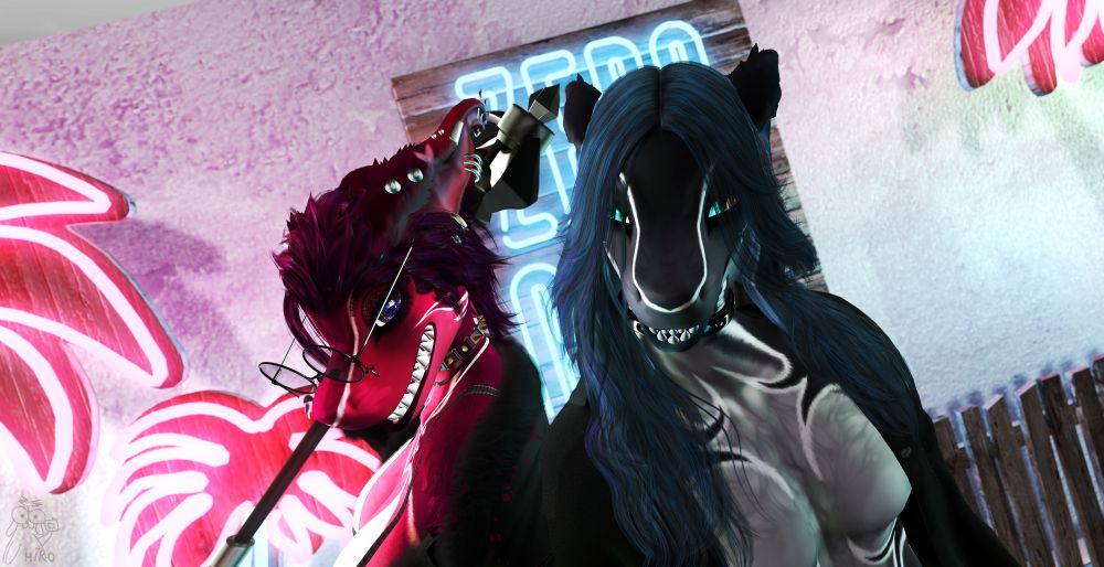 Couple of furry sharks, one is a red/pink female wearing a top with a leather jacket and cargo pants, holding a sickle in her hand and dark goth sunglasses. The other is a male black and blue wearing a shirt opened on his chest and a pair of pants. They stand in a neon decor and smiles dangerously. Screenshot taken in Second Life. 


Featuring the new mod "Coastal Cruiser" Fluffy Sharks from [The Emporium] ! https://marketplace.secondlife.com/pt-BR/stores/267033