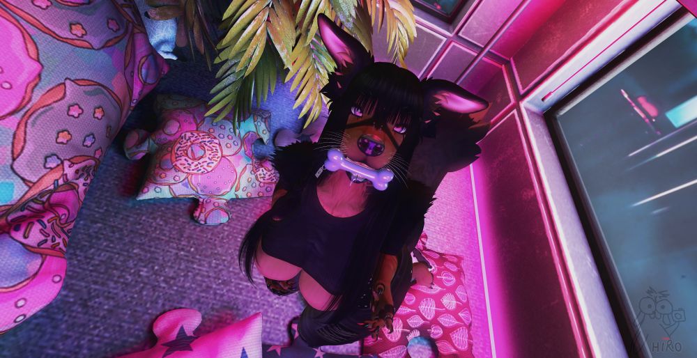 Furry dog girl having a squeaky bone between her teeth and kneeling on pillows in her bedroom in a city at night surrounding. She's wearing a pair of pants and a tight top showing her underboobs. Screenshot taken in SecondLife. 