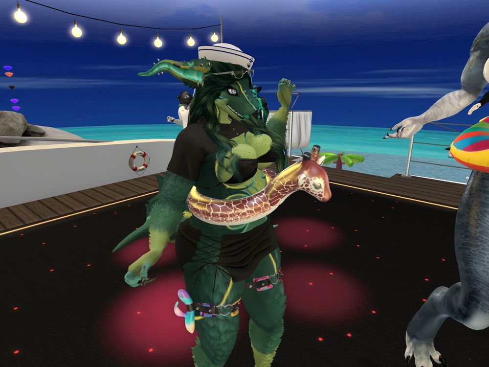 Voxxy the fluffy shark wearing a girafe floatie and dancing during the Love Boat party at Paradise lounge, furry hangout club, in Second Life. 