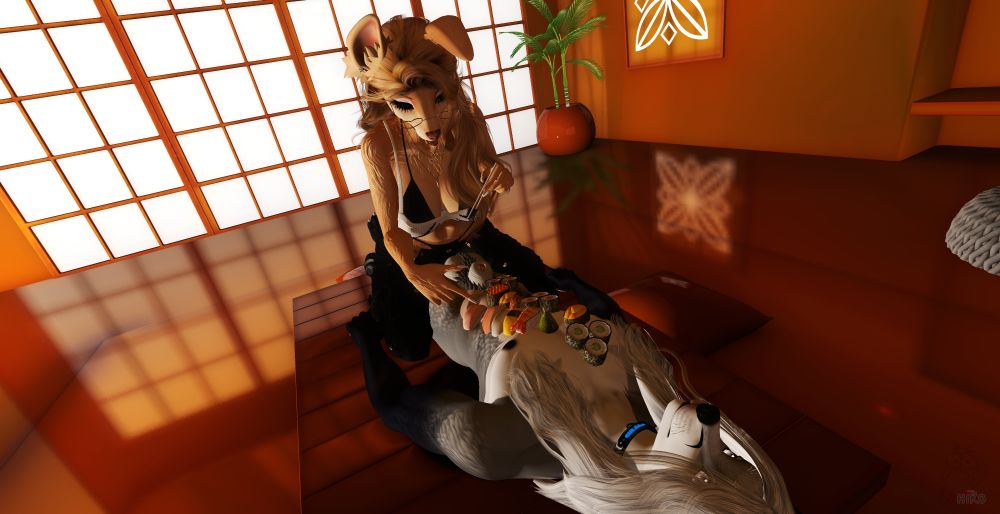 Furry golden retriever dog girl sitting on a gray fox man laying on a table with sushi on his body. Screenshot taken in Second Life. NSFW. 