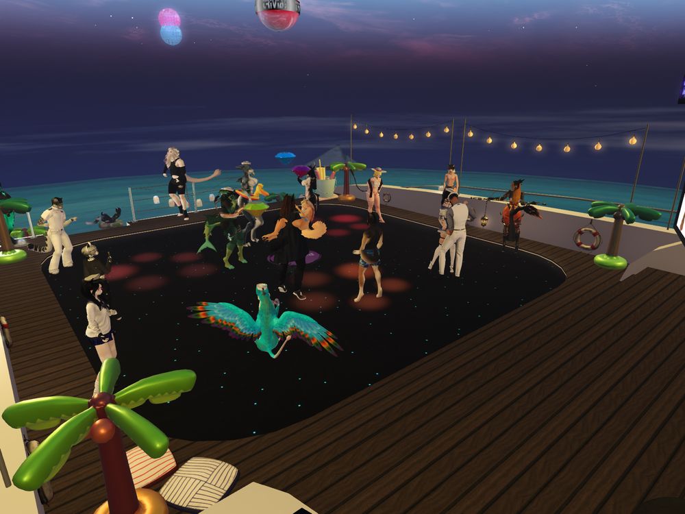 Picture of the crowd dancing and having fun in SecondLife during the "Love Boat" party at Paradise Lounge, furry hangout club. 