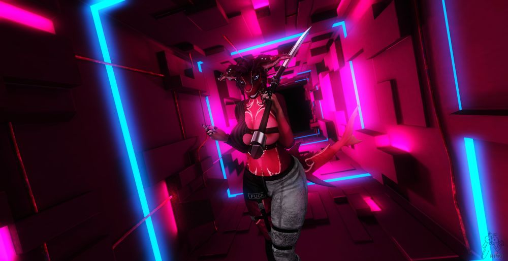 A short-haired pink fluffy shark walking down a pink tech hallway with blue neon lights. She's wearing a top that reveals her breasts, pants, and a small scythe on her shoulder. Screenshot taken in Second Life.