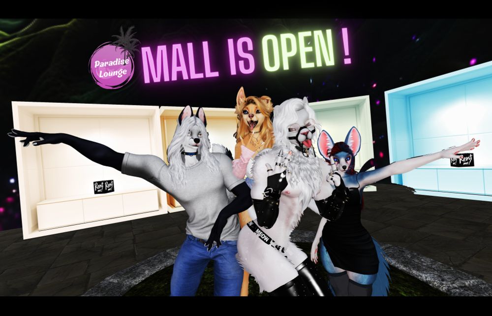 Picture of 4 furries posing in the new mall of Paradise Lounge. Mall booth to rent for furry artists and creators. 