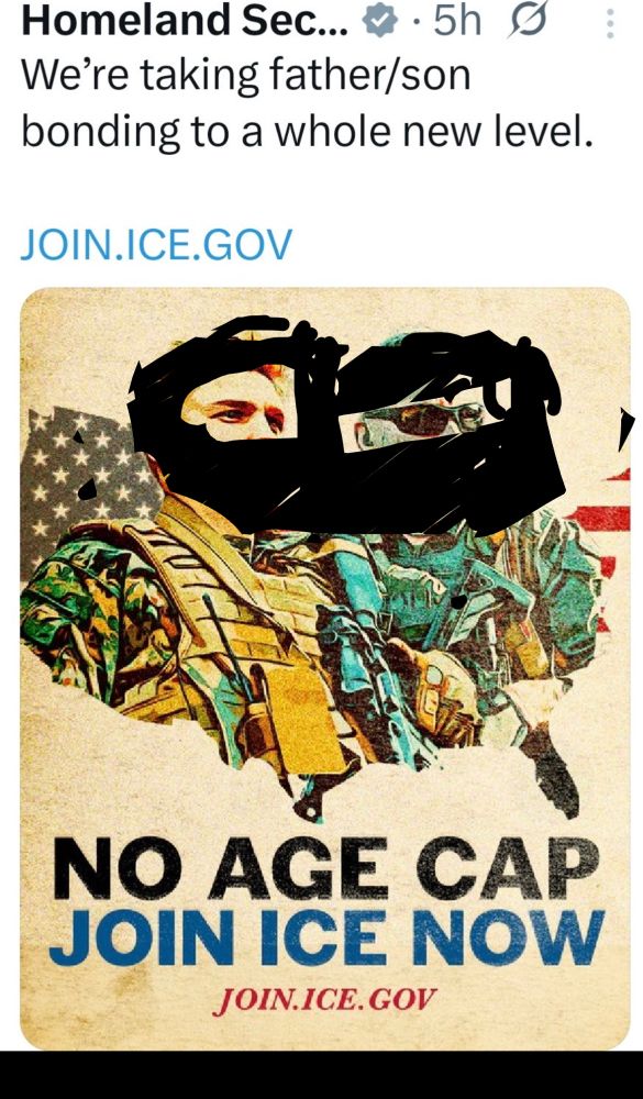 Recruitment poster for ice agents, poorly drawn masks have been added to hide the faces on the people on poster