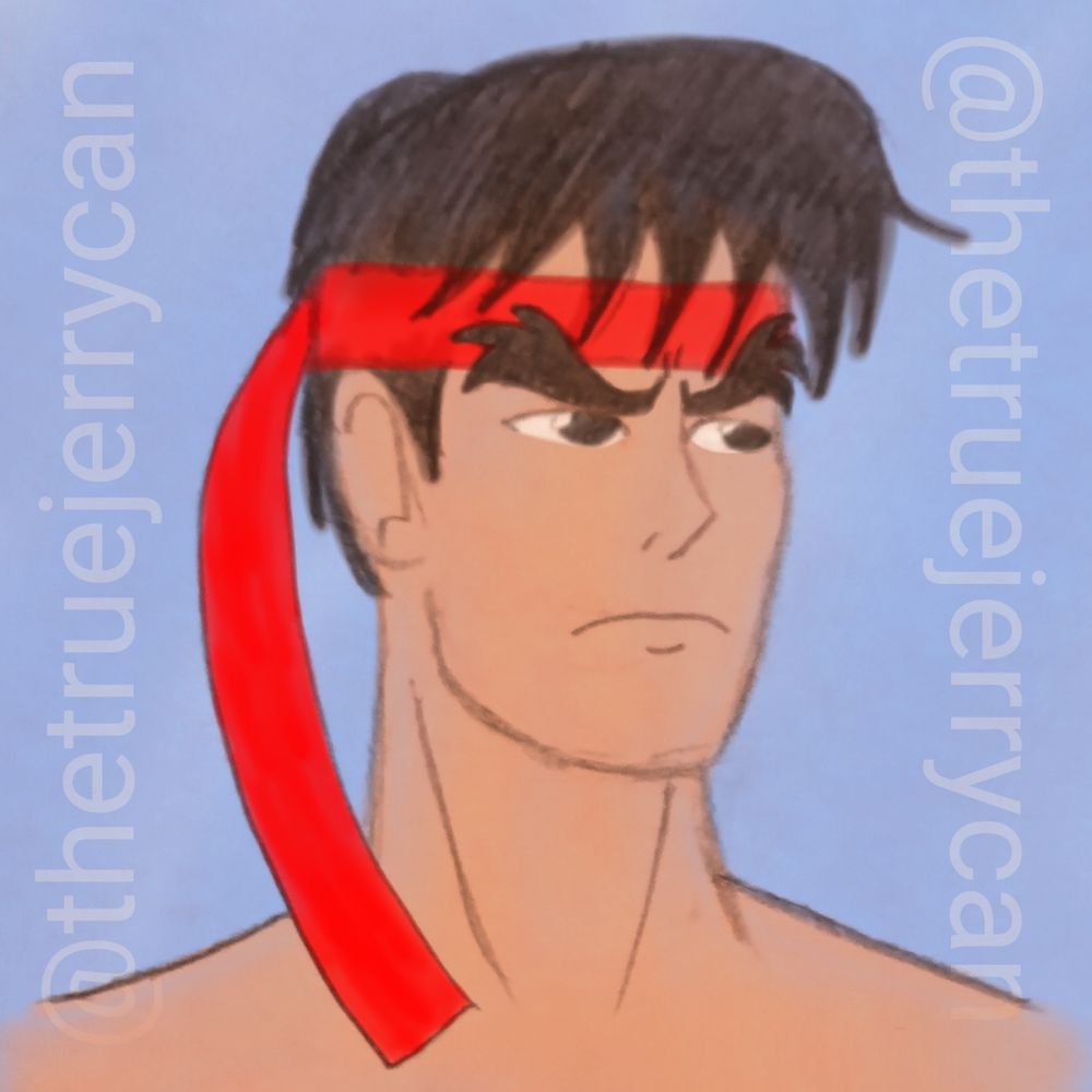 Headshot of Ryu from Street Fighter with two lines of text on either side of him reading "@thetruejerrycan"