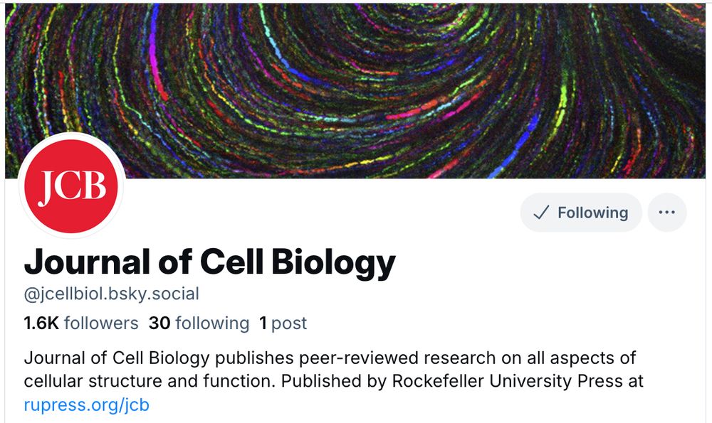 The header for the account of the Journal of Cell Biology featuring swirling colors from a recent cover