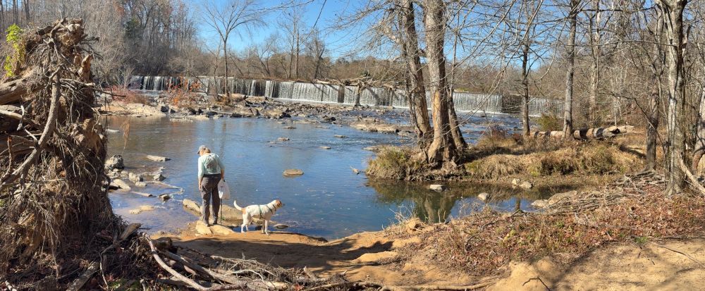 Person and dog with the dam in the distance