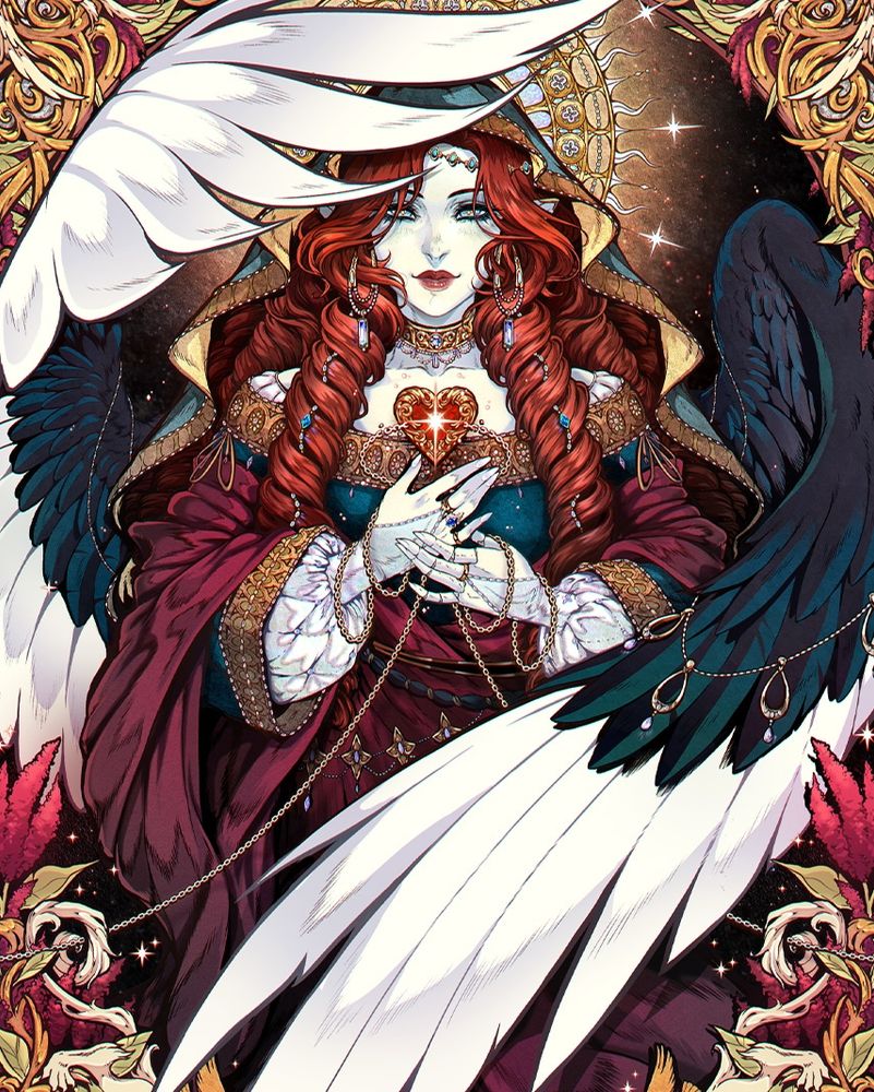 a red haired woman with elf ears and dual colored wings stands in front of the universe. Her heart shines and breaks chains that bind her, the frames are ornamented like enlightened medieval manuscripts and lions and sparrows are in it. The motifs are the sun, amaranths, and feathers. She is kind faced and is smiling. Art artwork commission