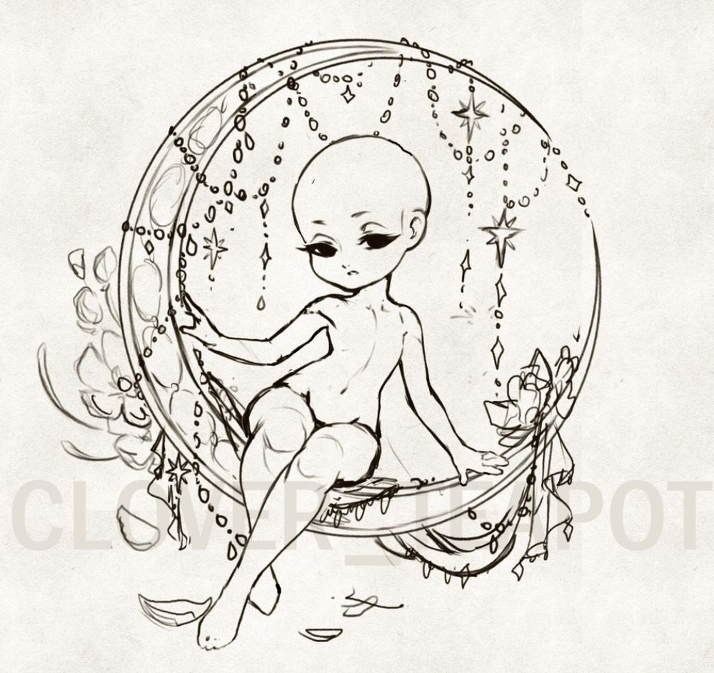 a chibi figure sits on a crescent moon, it's a sketch art full of little stars