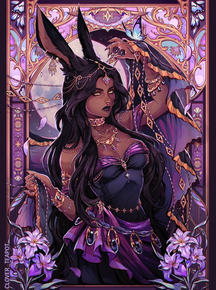 A viera woman with black long straight hair hair and brown skin stands in the middle of ornamental detailed frames with her hand lifted up holding a butterfly. The woman has golden eyes and is covered in jewelry, her dress is black and purple. The frames on each side and above her have esoteric elements of stars, eyes, and butterfly wings. On the bottom, on each side, are iris flowers on bloom. The background shows a full moon glowing behind the woman.