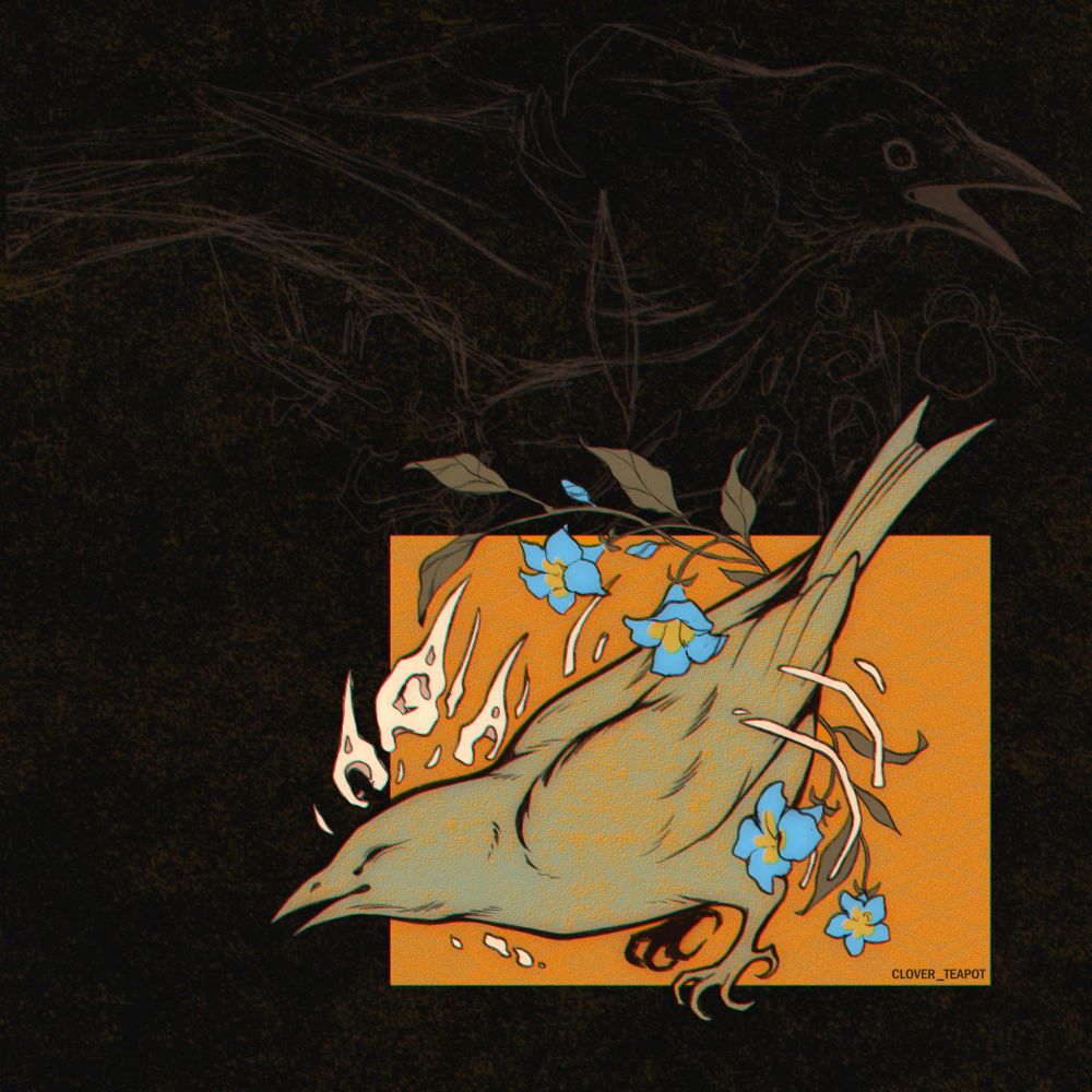 a dead bird rests among flowers and bones against a bright square background. On the background, the bird is still alive.