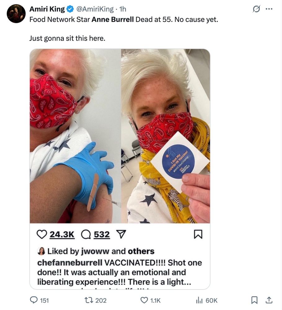 Picture of a tweet showing Anne Burrell’s death at 55 with the comment “no cause yet. Just gonna sit this here” and a picture of her getting the COVID vaccine 