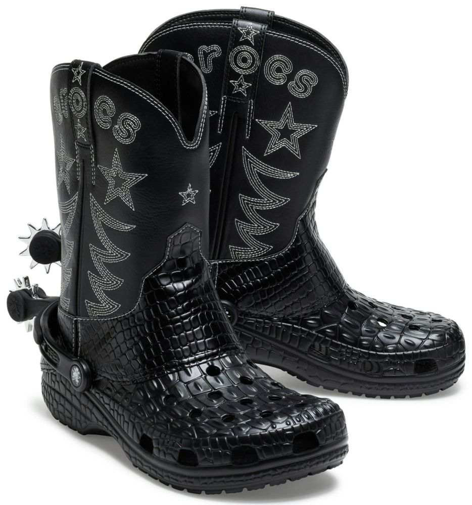 Croc Cowboy boots. Yes they are a real product, no this is not ai, no there is no god. 
