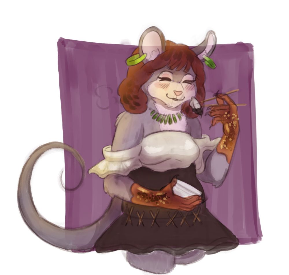 An anthro mouse in a food themed outfit. She's wearing a dress inspired by gyoza.