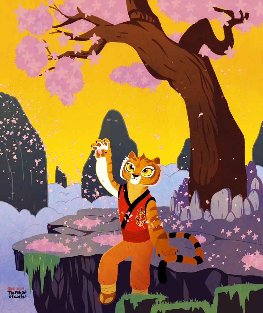 Trigress sits by the peach tree, catching pink flower petals.