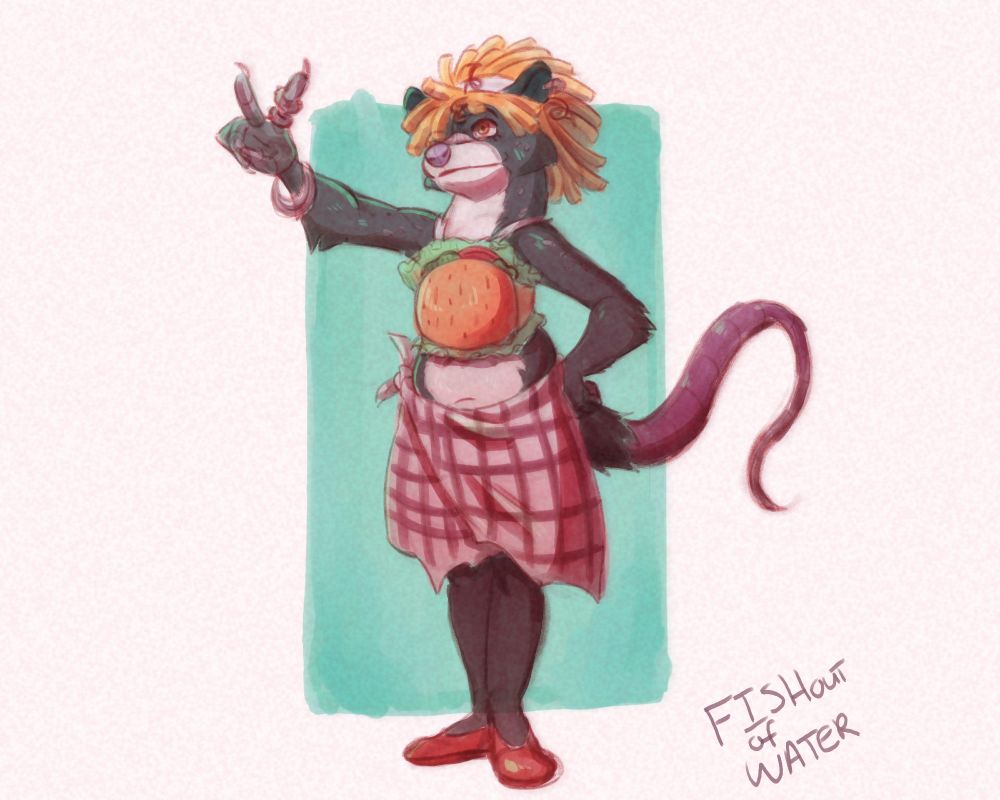 Burger themed possum, she is wearing dinner plaid skirt and a burger crop top.