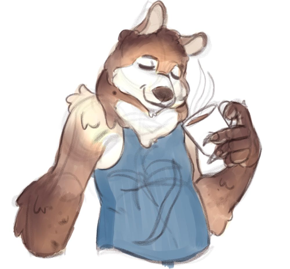 A drawing of an anthro bear with dark brown fur, and latte themed fur patterns.