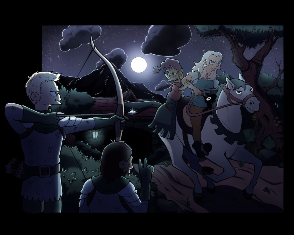 Bean, Elfo and Luci ride away from a town on a horse into the woods. An archer and his superior wait to shoot at them.