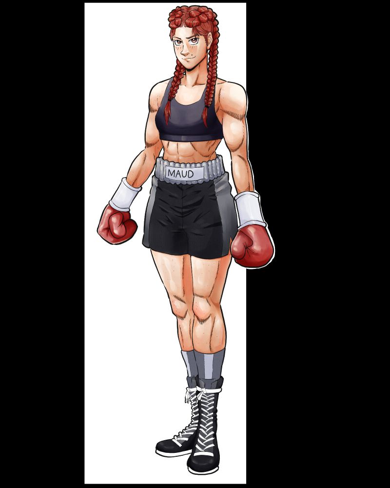 An illustration of a boxer. She is athletic, wears a purple sports bra and grey trunks. She also has red hair done up in twin braids.