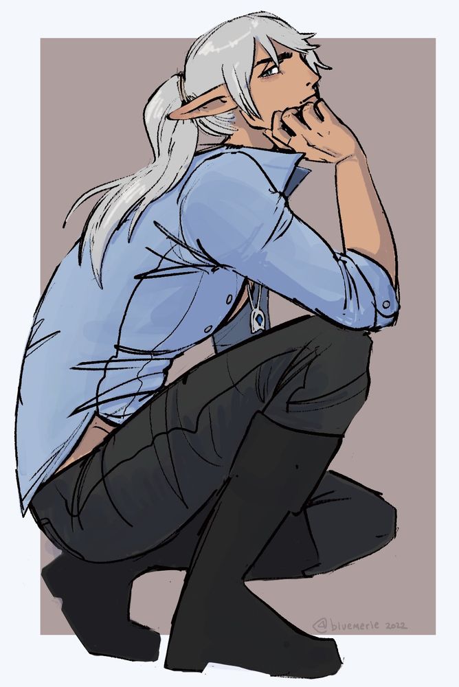 colored sketch of estinien. he is kneeling down with an elbow resting on his knee and his chin resting in his hand. he is wearing his casual outfit, the blue summer indigo shirt and black pants. his hair is tied up and hangs over his back.
