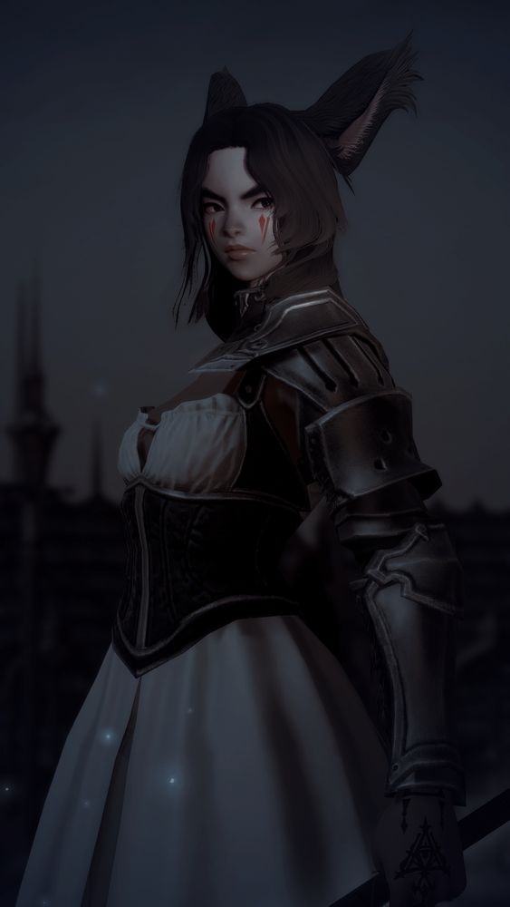 screenshot of a light grey skinned male viera, ruca, with wavy shoulder-length black hair. he is wearing a black corset with a white undershirt and a long white skirt. his left arm has plate mail and he stands confident with ishgard as a backdrop.