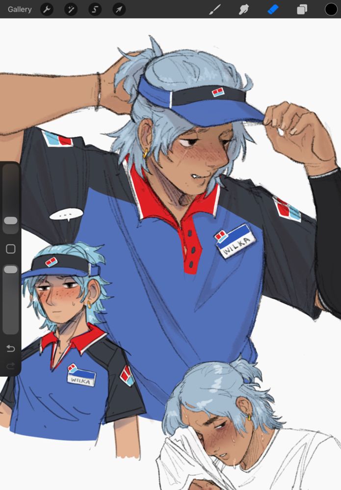 Multiple doodles of wilka, a young blue haired man. He is wearing a blue black and red uniform similar to that of a pizza place and adjusting his hat while looking annoyed.