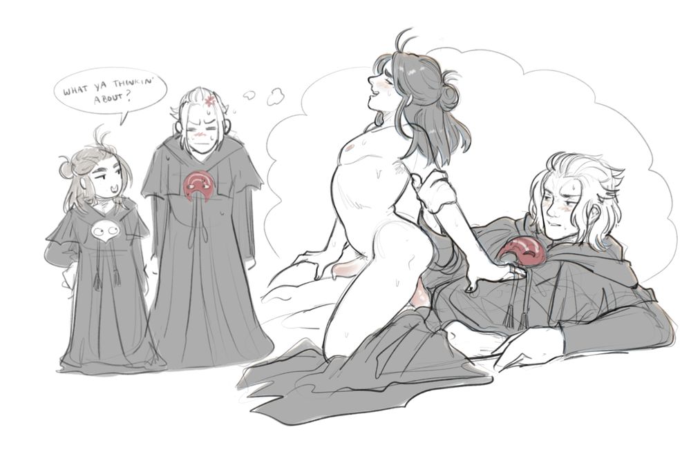 Azemet doodle of my azem, Alecto (they/he), standing next to hades and asking “what ya thinkin’ about?” And a thought bubble of hades thinking about alecto riding him reverse cowgirl with Alecto’s robes tossed aside and hades’ pulled open at the front.
