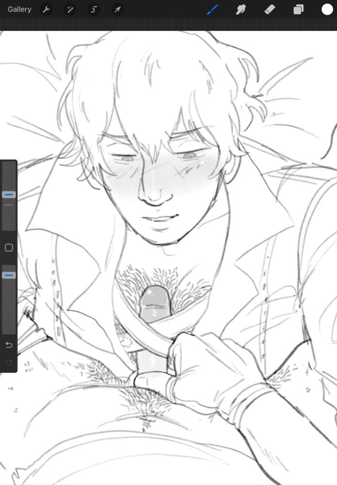 top down pov doodle of Keshkwa laying down still wearing the white undershirt of the viper af gear while Rune straddles his chest, partially dressed as well with his pants off and cock shoved between Keshkwa’s pecs and under the straps that can be seen worn below the viper shirt. Keshkwa seems flustered but I know his ass doesn’t understand how Rune is getting off on this but he enjoys the view regardless.