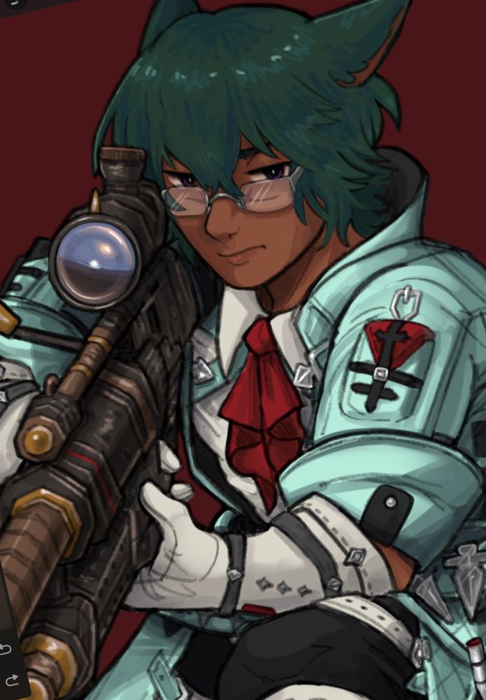 Koana holding a big sniper rifle with both hands as he kneels down to aim. He has a serious expression on his face. 