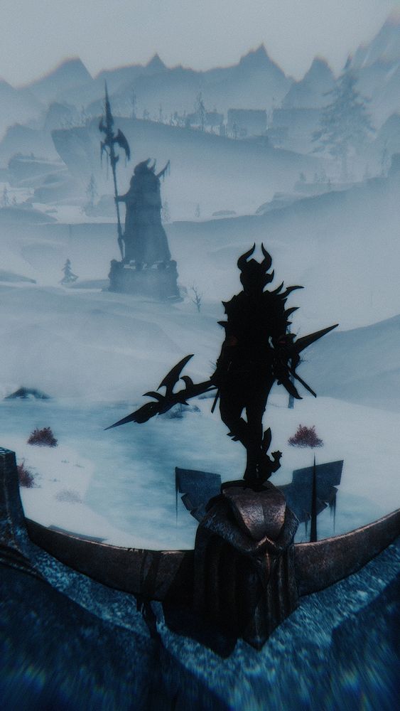 a closer shot of the dragoon, wilka, still perched atop the falcon statue looking out across the expanse of snow towards the statue of Haldrath, the first azure dragoon.