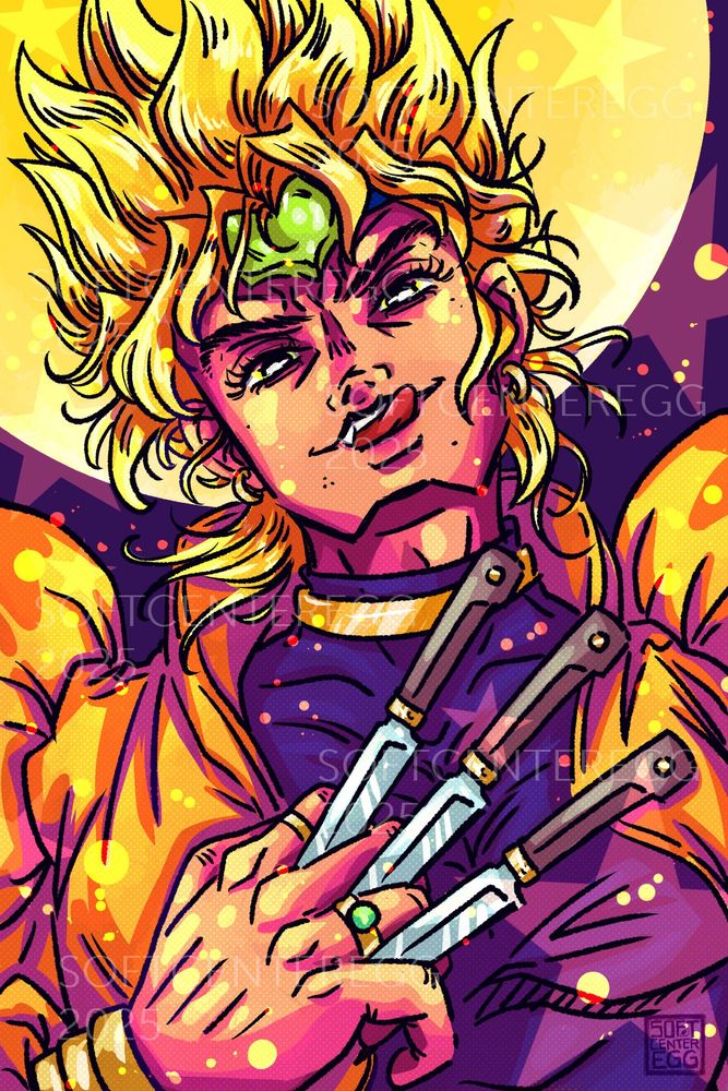 DIO from Jojos Bizarre Adventure, holding knives between his fingers in his signature gold outfit.