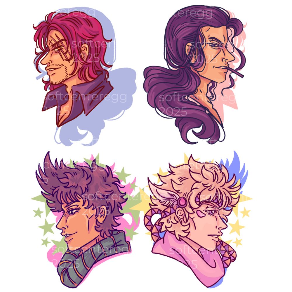 Digital illustrations of profiles of Shanks and Benn Beckman from one piece and Joseph and Caesar from Jojo’s.
