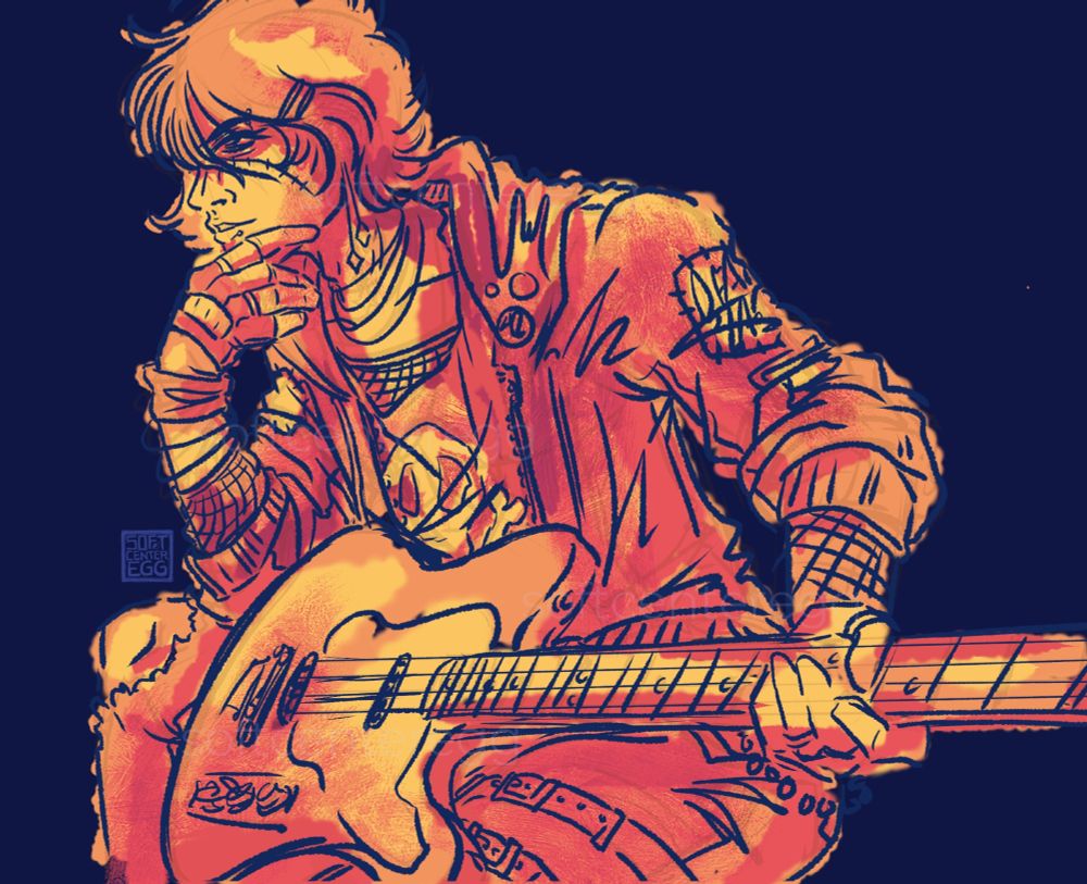 Sketch of Harlock in modern wear holding a guitar.