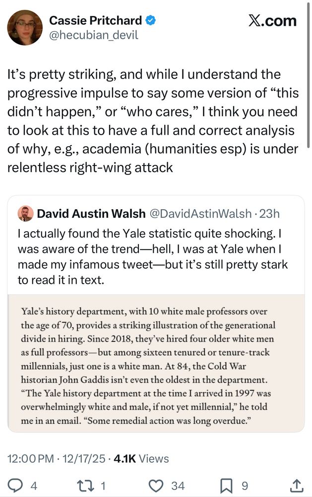Tweet by Cassie Pritchard about statistics showing strong racial hiring bias at Yale: “It's pretty striking, and while I understand the progressive impulse to say some version of "this didn't happen," or "who cares," I think you need to look at this to have a full and correct analysis of why, e.g., academia (humanities esp) is under relentless right-wing attack”