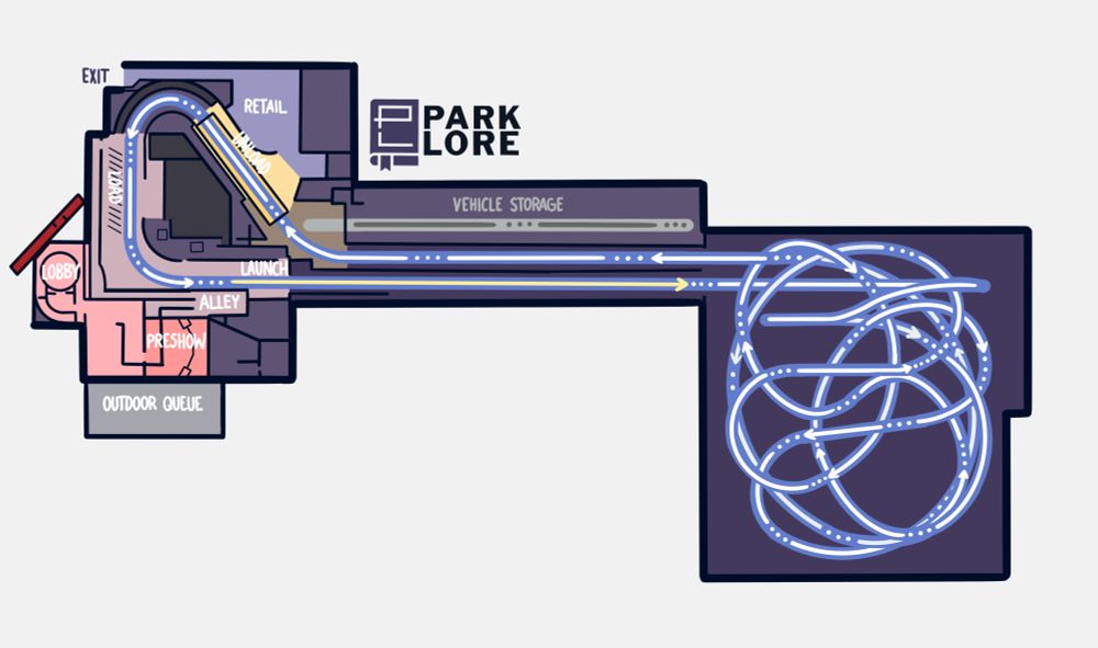 A hand-drawn overhead layout of Rock 'n' Roller Coaster, showing a narrow launch track leading into a larger showbuilding of swirling, confounding, interlaced track. 