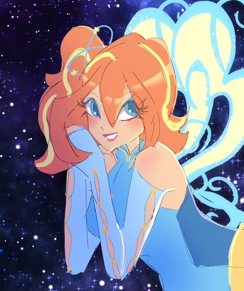Digital art of a red-headed woman wearing a blue space-age fashion outfit with fairy wings with stars in the background