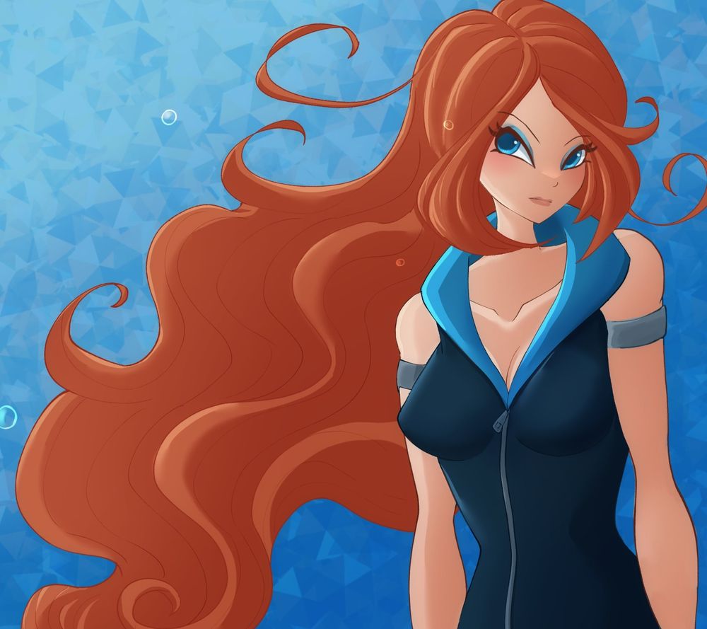 Digital art of a pale woman with long orange hair wearing a blue and navy spy suit.