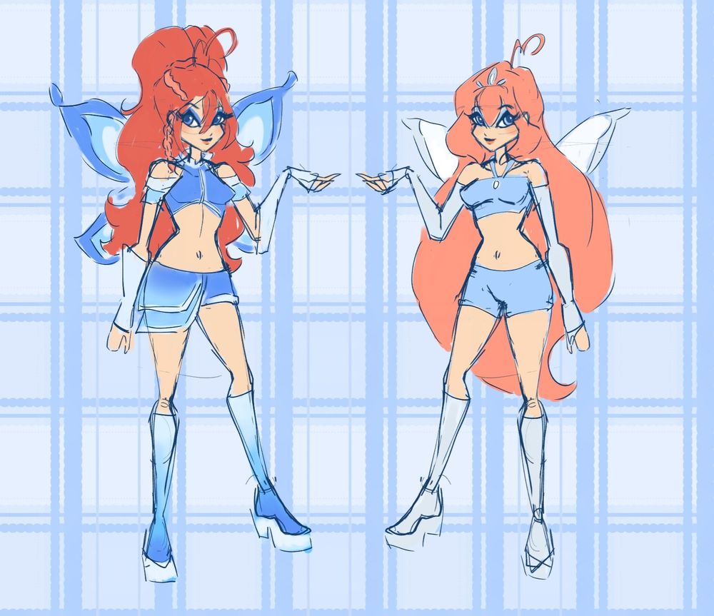 digital art of two red-headed fairies wearing blue outfits on a blue checkered background