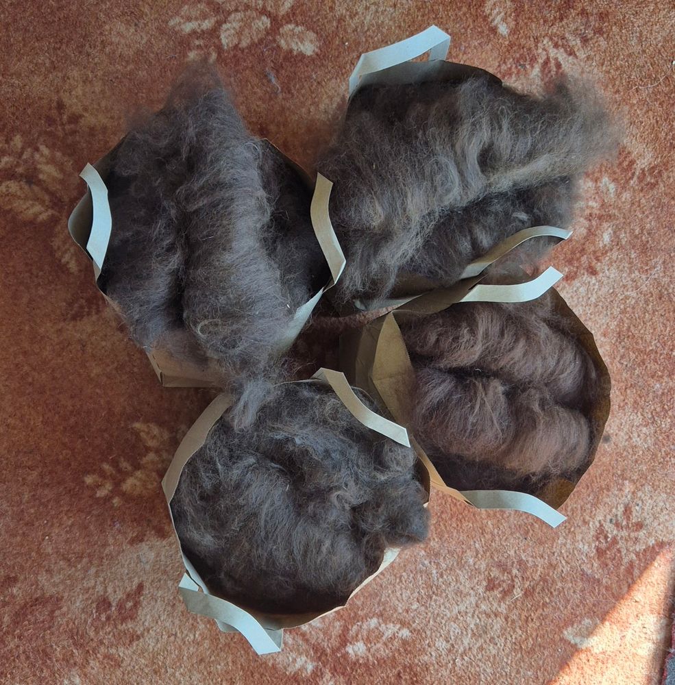 Four paper bags filled with carded brown fleece set against an orange carpet