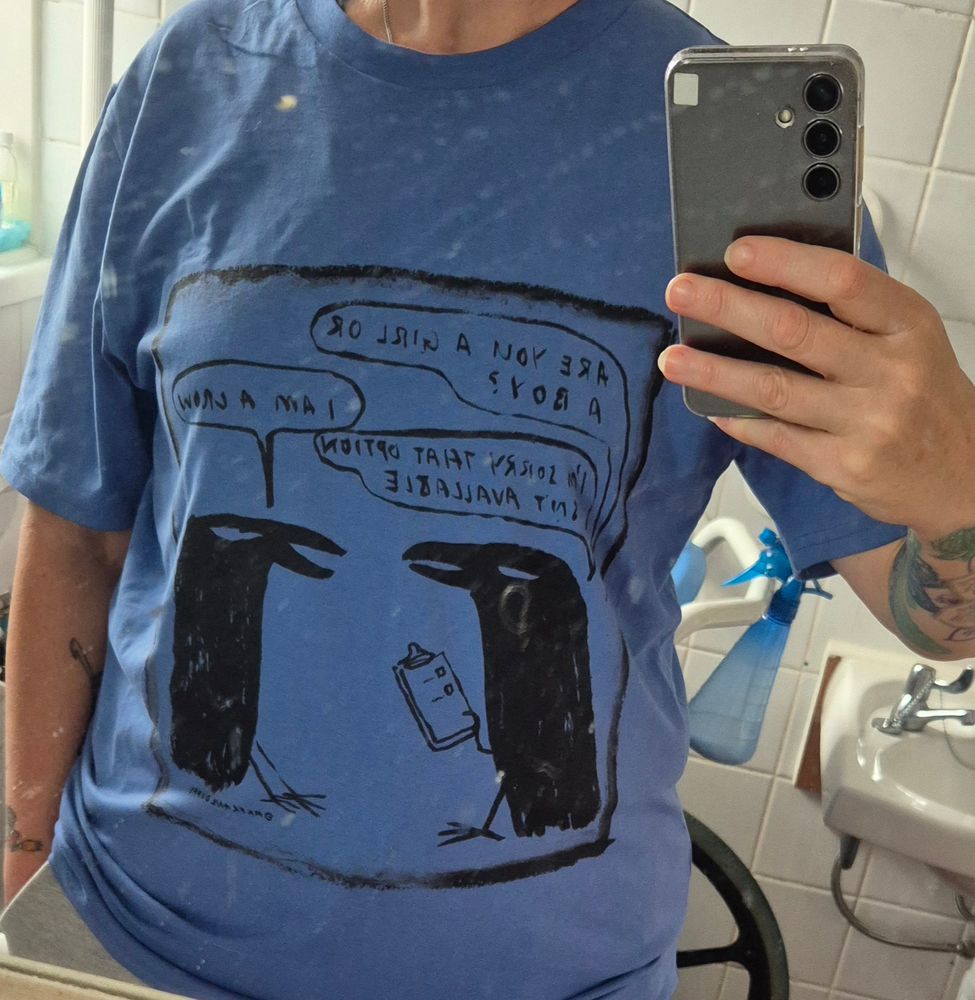 A photo of a person wearing a blue t-shirt with a crow motif created by Frank Duffy reflected in a mirror. The background of the mirror photo graph is a bathroom.