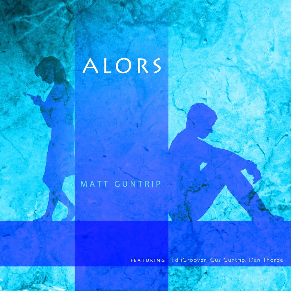 Art work for a new single “Alors” by Matt Guntrip. Blue marble background. There’s a dark blue wall dividing two silhouettes of a woman and a man.
On the right the man is sitting on a dark blue floor that runs across the image forming a low band. He is facing away. On the other side a woman on her phone leans back to the wall one foot on the ground her other foot heel to the wall.
In the low floor band it says FEATURING Ed iGroover, Gus Guntrip and Dan Thorpe.

At the top of the wall it says ‘Alors’ and underneath ’Matt Guntrip’