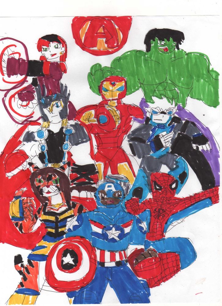 The Avengers founders of Marvel 21, a project by @bryonyoungblood.bsky.social -- From bottom left to top right, Tigra, Captain America, Spider-Man, Thor, Iron Man, Quicksilver, Scarlet Witch and the Hulk.