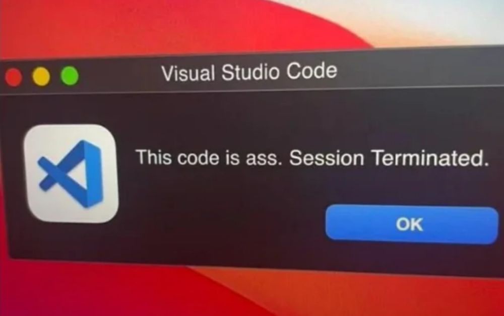 Mac computer interface for the application program Visual Studio Code. The System message reads: This code is ass. Session Terminated. 