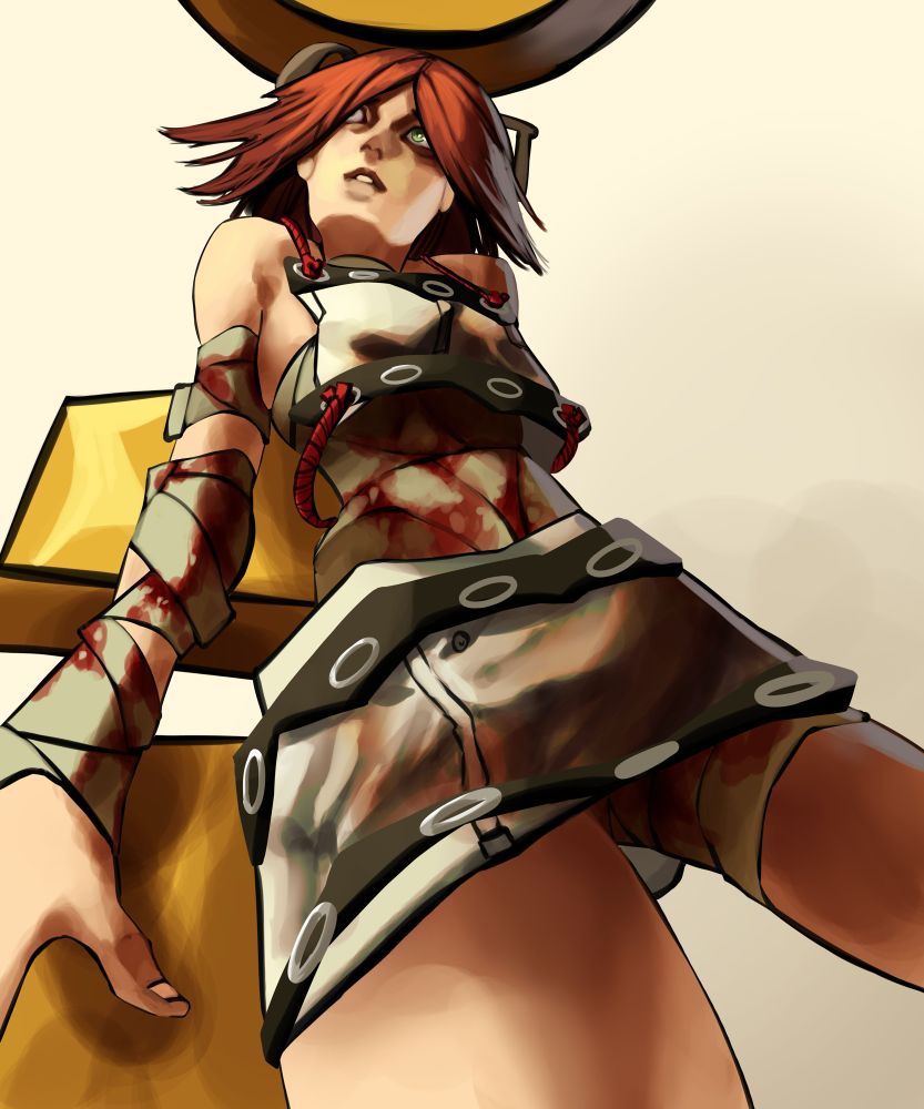 A.B.A from Guilty Gear. The camera is pointing upwards from below. She is leaning on Paracelsus.