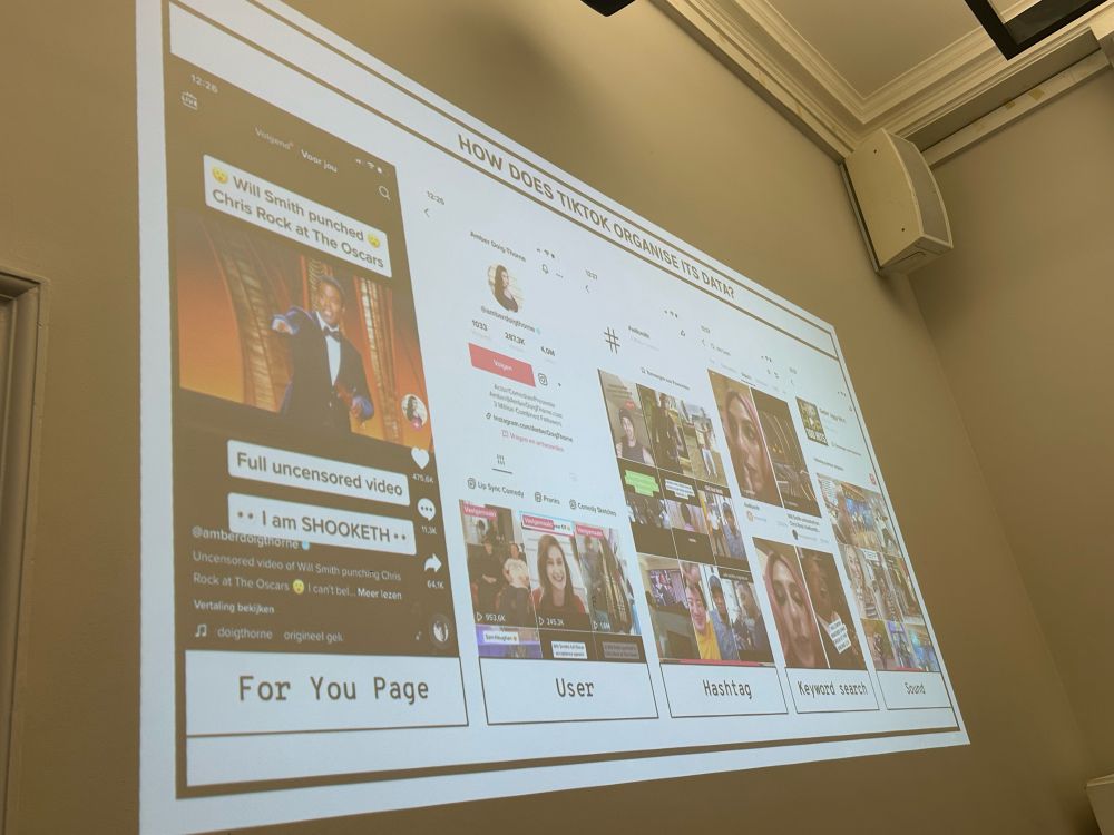 Screenshot from the workshop titled “how does TikTok organise its data”, with the subheadings “for you page”, “user”, “hashtag”, “keyword search” and “sound”