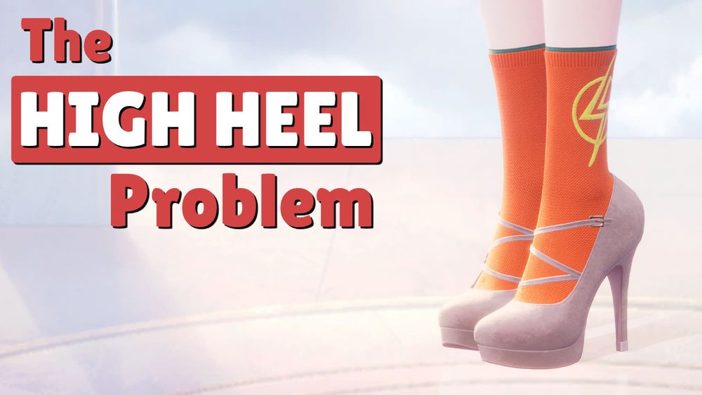 screenshot of a closeup on high heels from the game Infinity Nikki and on top is a text "the high heel problem".