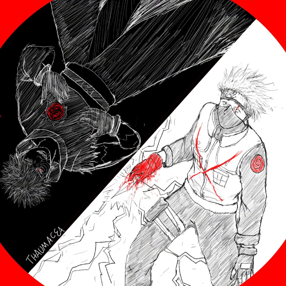 Adult Hatake Kakashi and Uchiha Obito from Naruto in a black and white circle. Obito is gesturing at a hole in his chest, while Kakashi's hand is red and surrounded by lightning.