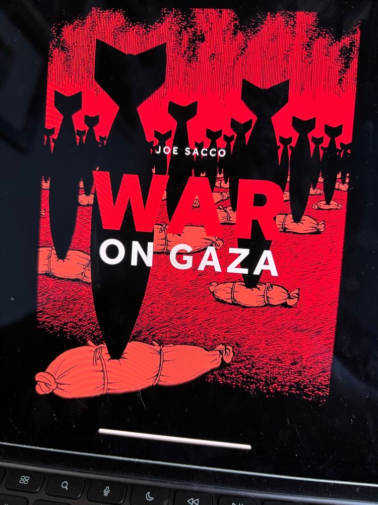 The cover of WAR ON GAZA shows bombs hitting body bags; the colour scheme is blood red and black. 
