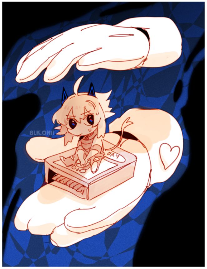 Tiny Onika sitting on a old game memory card holding a favored alarm clock, held by Yellow Prismatic Hearts floating gloves in the blue void. Where is he taking them? Hmmm...