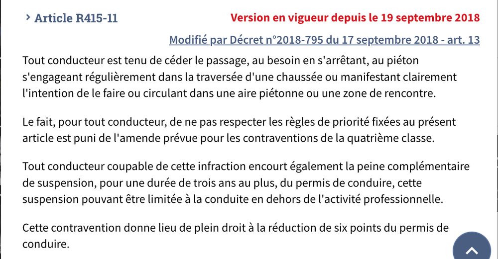 Article R415-11 Version en vigueur depuis le 19 septembre 2018
Modifié par Décret n°2018-795 du 17 septembre 2018 - art. 13
Tout conducteur est tenu de céder le passage, au besoin en s'arrêtant, au piéton s'engageant régulièrement dans la traversée d'une chaussée ou manifestant clairement l'intention de le faire ou circulant dans une aire piétonne ou une zone de rencontre.

Le fait, pour tout conducteur, de ne pas respecter les règles de priorité fixées au présent article est puni de l'amende prévue pour les contraventions de la quatrième classe.

Tout conducteur coupable de cette infraction encourt également la peine complémentaire de suspension, pour une durée de trois ans au plus, du permis de conduire, cette suspension pouvant être limitée à la conduite en dehors de l'activité professionnelle.

Cette contravention donne lieu de plein droit à la réduction de six points du permis de conduire.
